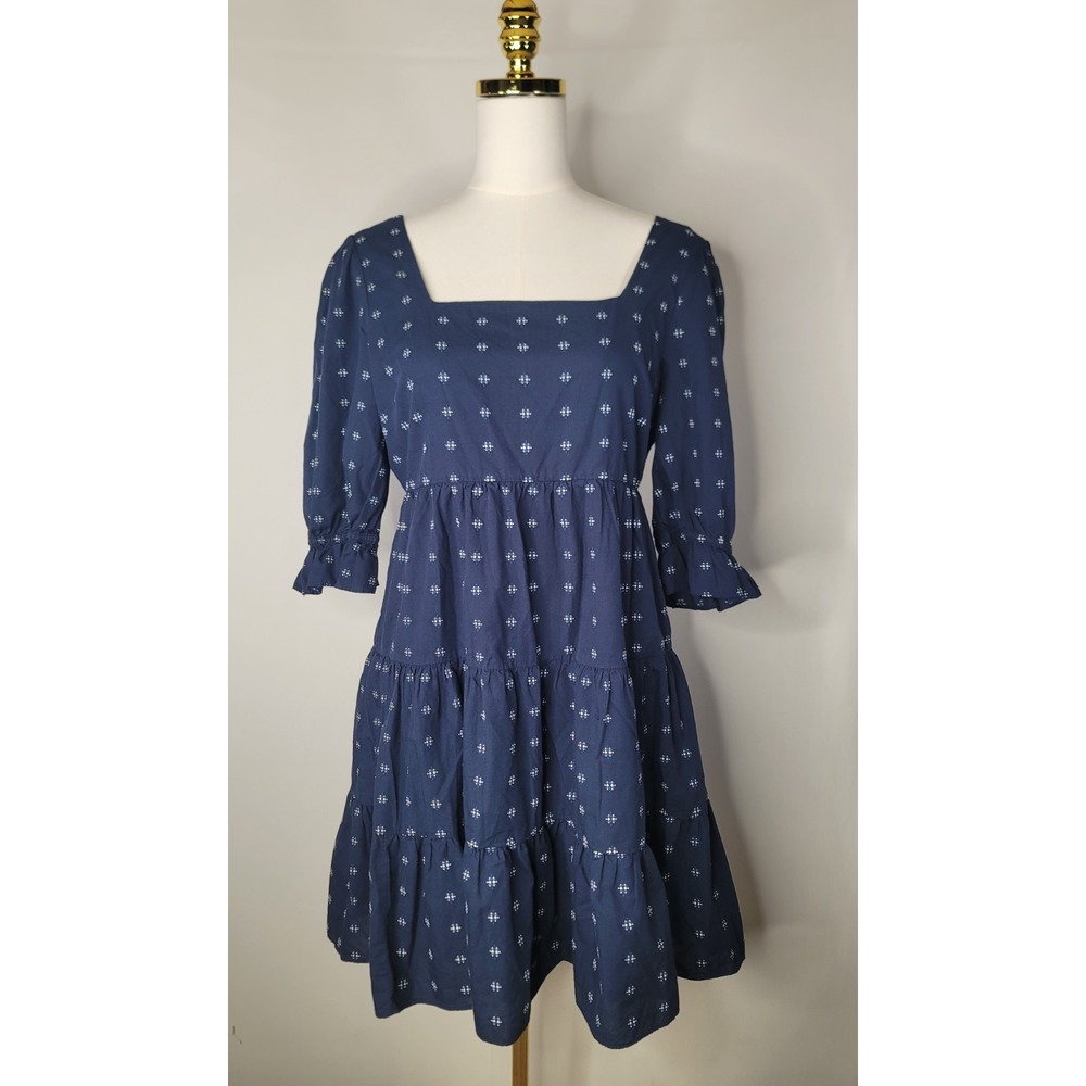 Madewell Cotton Tiered Mini Dress Blue Puff Sleeve Prairie‎ Cottagecore 6